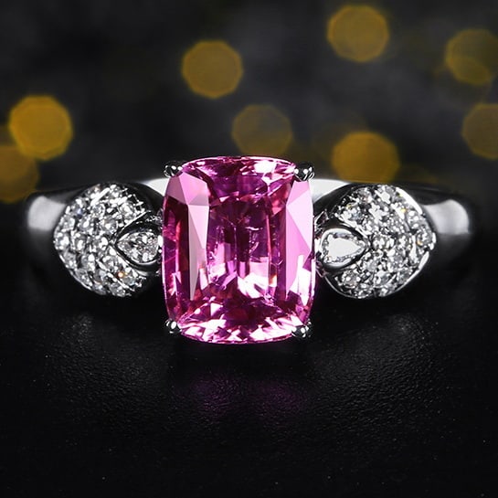 14k Gold 2.21 Ctw Natural Sapphire & Diamond Ring: Ref:231068031 // gold content:14k gold // ring size:7. 25us // // main gemstone:sapphire // shape:cushion // carat weight:2. 06ct // color:pink // treatment:natural // // adjacent gemstone 2 :