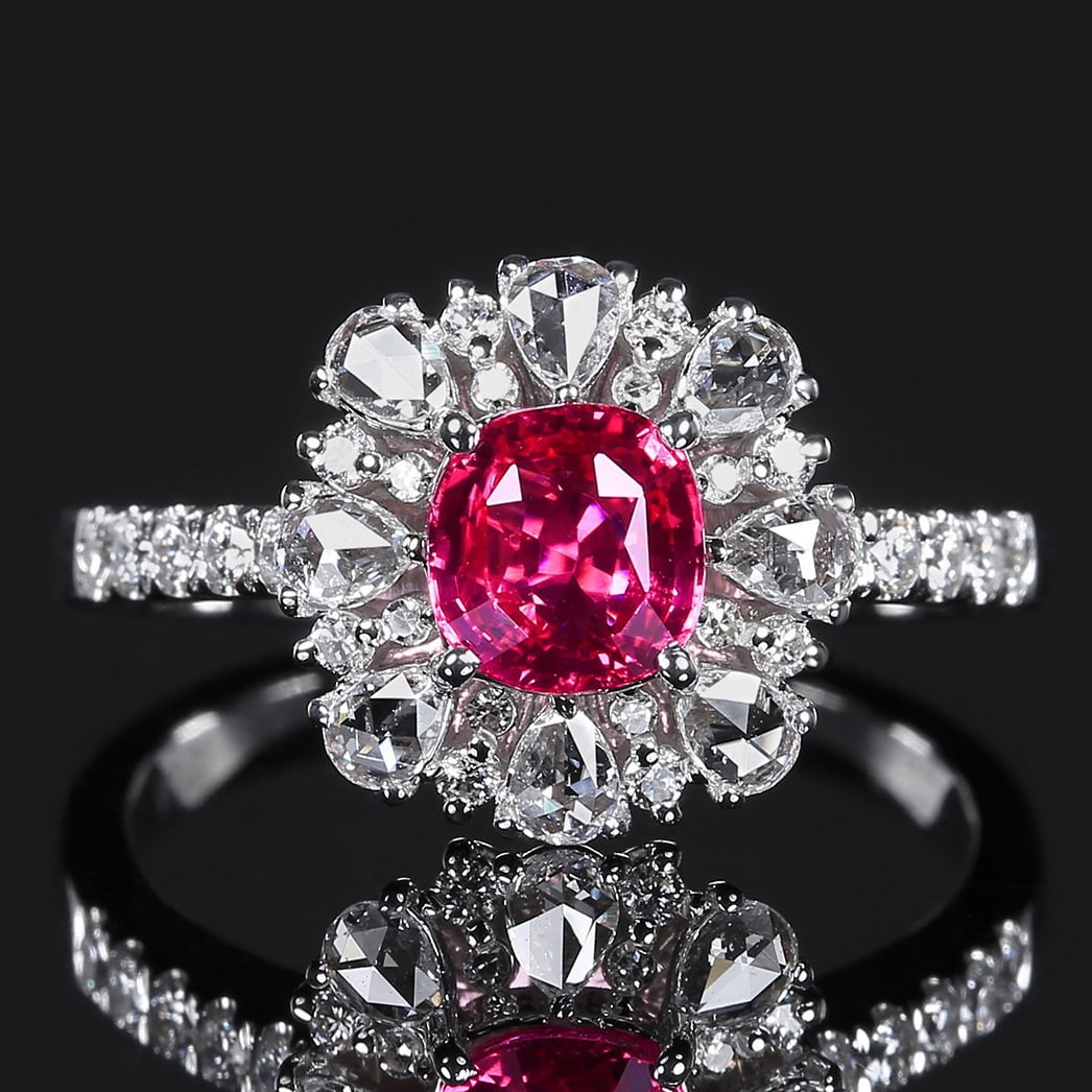 14k Gold 1.63 Ctw Natural Ruby & Diamond Ring: Ref:231068046 // gold content:14k gold // ring size:7. 25us // // main gemstone:ruby // shape:cushion // carat weight:1. 05ct // color:red // treatment:natural // // adjacent gemstone 2 : diamond // n