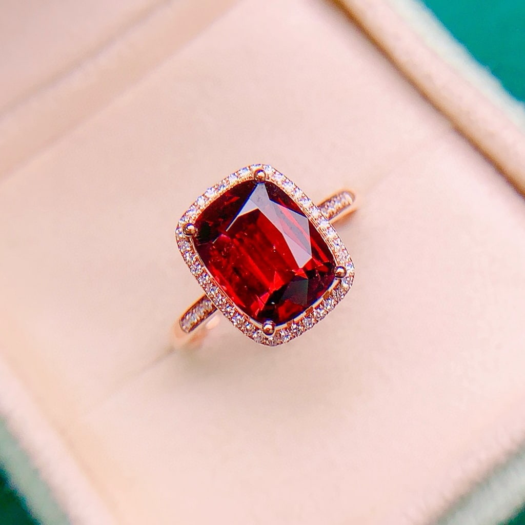 14k Gold 2.99 Ctw Natural Tourmaline & Diamond Ring: Ref:231068048 // gold content:14k gold // ring size:7. 25us // // main gemstone:tourmaline // shape:cushion // carat weight:2. 85ct // color:red // treatment:natural // // adjacent gemstone 2 :