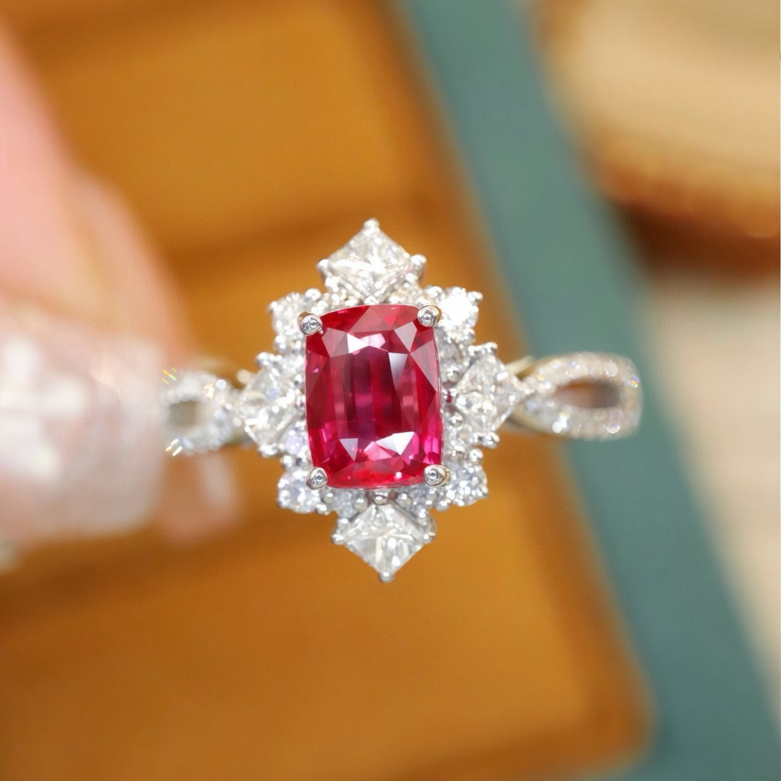 14k Gold 1.53 Ctw Natural Ruby & Diamond Ring: Ref:231068086 // gold content:14k gold // ring size:7. 25us // // main gemstone:ruby // shape:cushion // carat weight:1. 05ct // color:red // treatment:natural // // adjacent gemstone 2 : diamond // n
