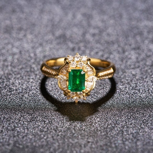 14k Gold 0.91 Ctw Vivid Green Natural Emerald & Diamond Ring: Ref:231068088 // gold content:14k gold // ring size:7. 25us // // main gemstone:emerald // shape:octagonal // carat weight:0. 48ct // color:vivid green // treatment:natural // // adjacent gemstone