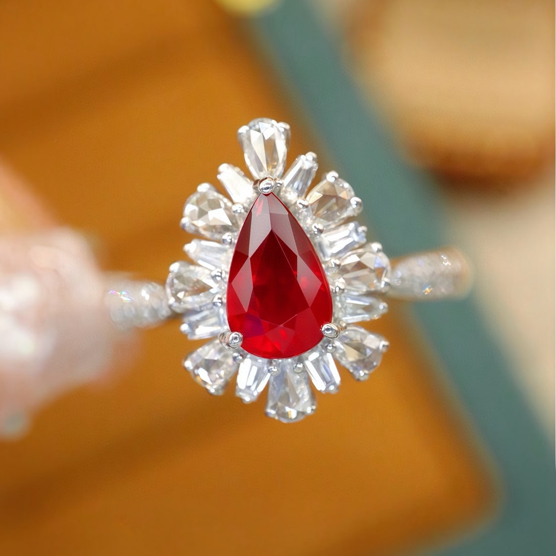 14k Gold 1.46 Ctw Natural Ruby & Diamond Ring: Ref:231068096 // gold content:14k gold // ring size:7. 25us // // main gemstone:ruby // shape:pear // carat weight:1. 05ct // color:pigeonblood red // treatment:natural // // adjacent gemstone 2 :