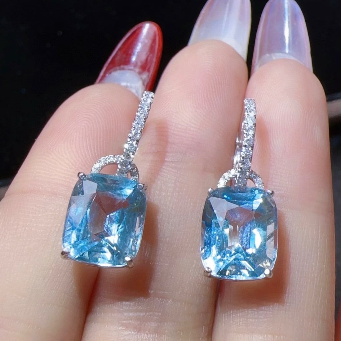 14k Gold 7.86 Ctw Natural Aquamarine & Diamond Earrings: Ref:231068117 // gold content:14k gold // main gemstone:aquamarine // shape:cushion // carat weight:7. 6ct // color:santa maria color // treatment:natural // // adjacent gemstone 2 : diamond // shape:
