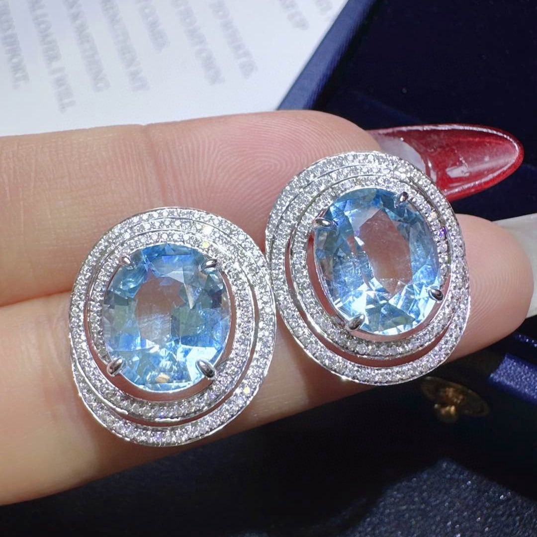 14k Gold 7.75 Ctw Natural Aquamarine & Diamond Earrings - 2