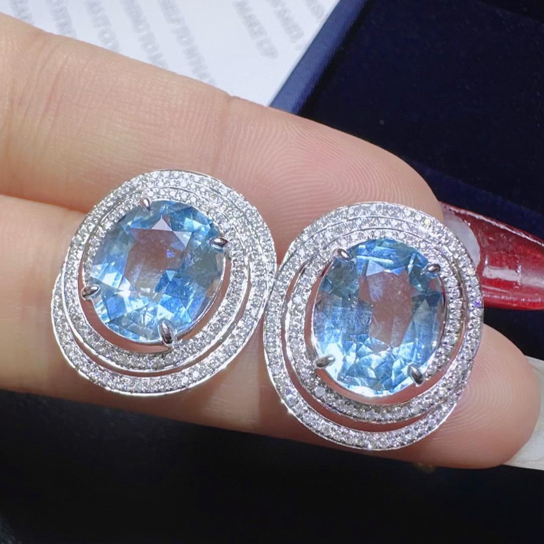 14k Gold 7.75 Ctw Natural Aquamarine & Diamond Earrings - 3