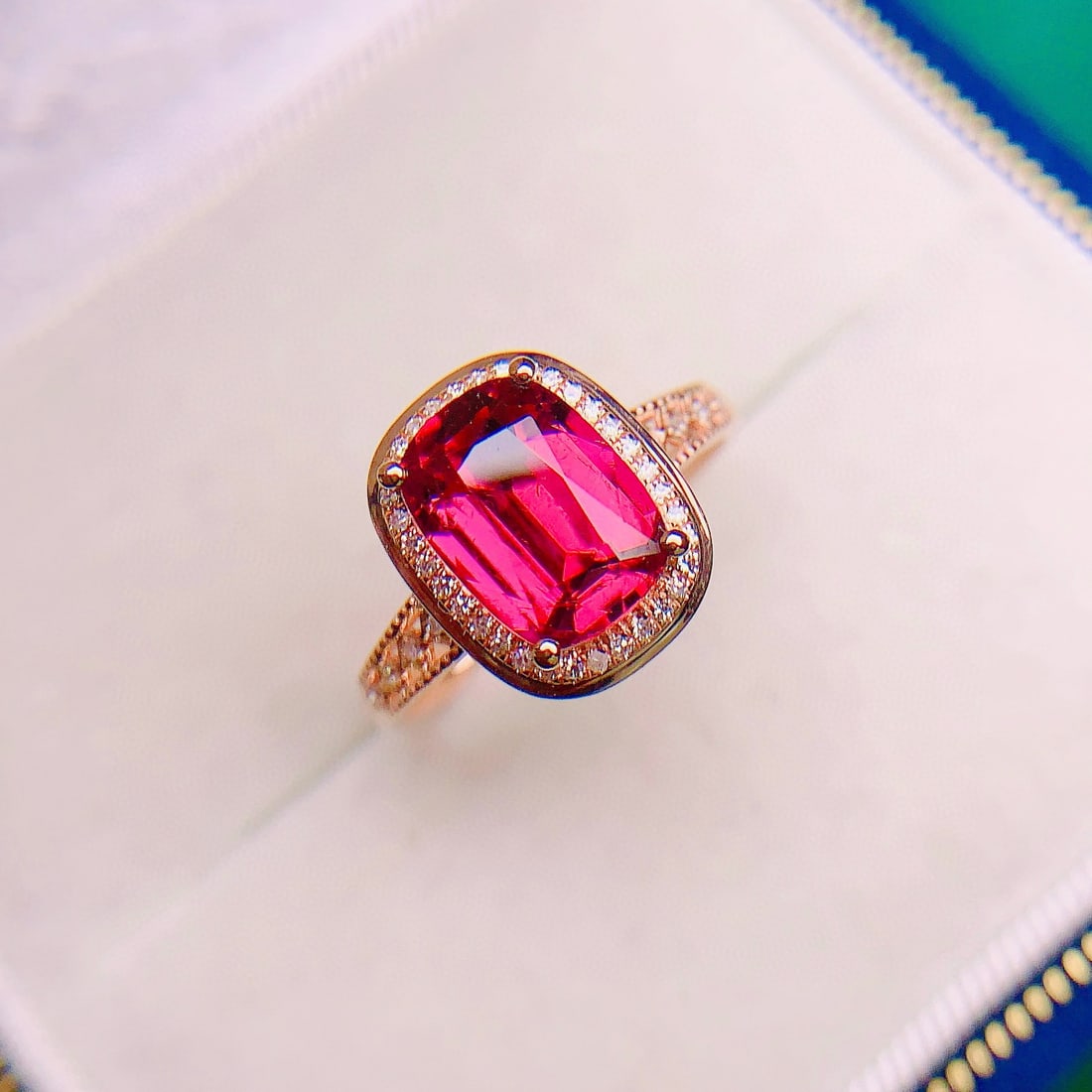 14k Gold 2.02 Ctw Natural Tourmaline & Diamond Ring: Ref:231068146 // gold content:14k gold // ring size:7. 25us // // main gemstone:tourmaline // shape:cushion // carat weight:1. 9ct // color:red // treatment:natural // // adjacent gemstone 2 :