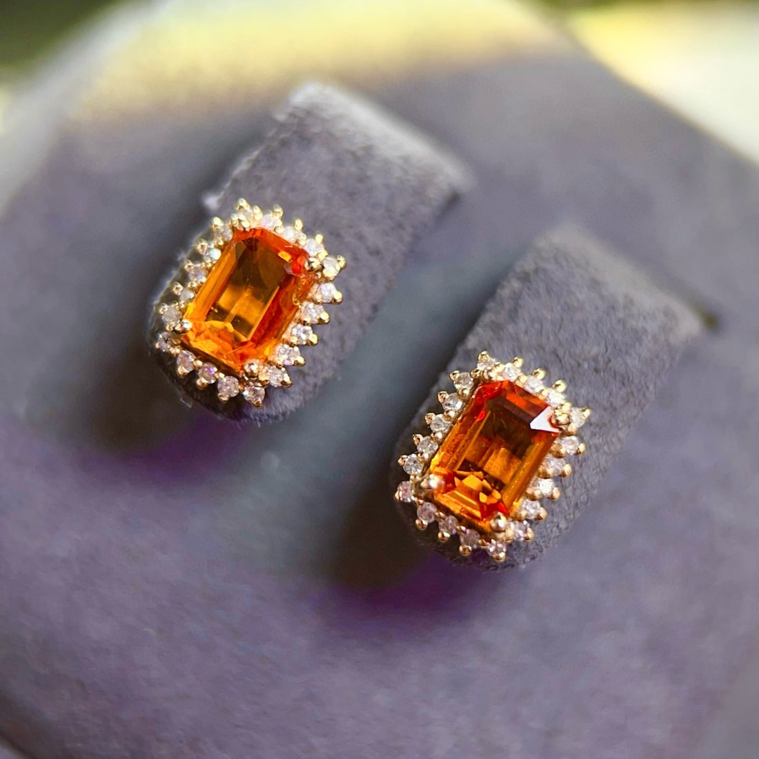 14k Gold 1.45 Ctw Natural Sapphire & Diamond Earrings: Ref:231068167 // gold content:14k gold // main gemstone:sapphire // shape:octagonal // carat weight:1. 25ct // color:orange // treatment:natural // // adjacent gemstone 2 : diamond // number of