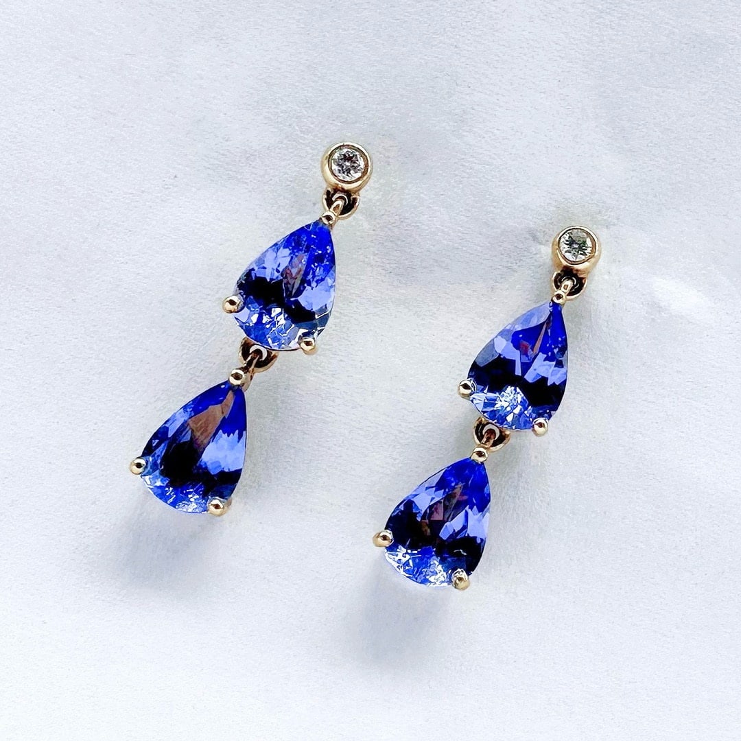 14k Gold 2 Ct Natural Tanzanite & Diamond Earrings - 2