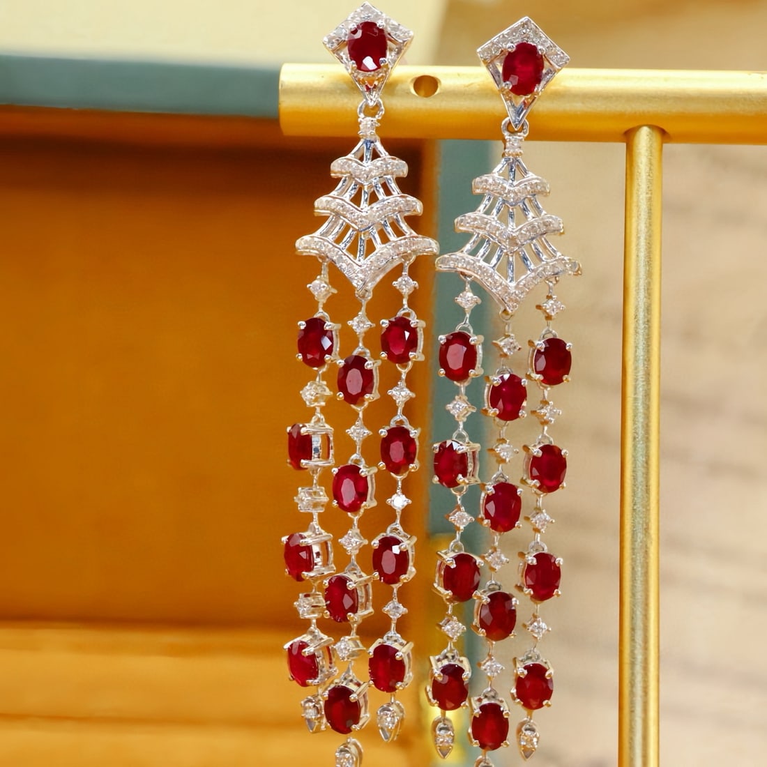 14k Gold 5.90 Ctw Natural Ruby & Diamond Earrings: Ref:231068185 // gold content:14k gold // main gemstone:ruby // shape:oval // carat weight:5. 35ct // color:pigeonblood red // treatment:natural // // adjacent gemstone 2 : diamond // number of