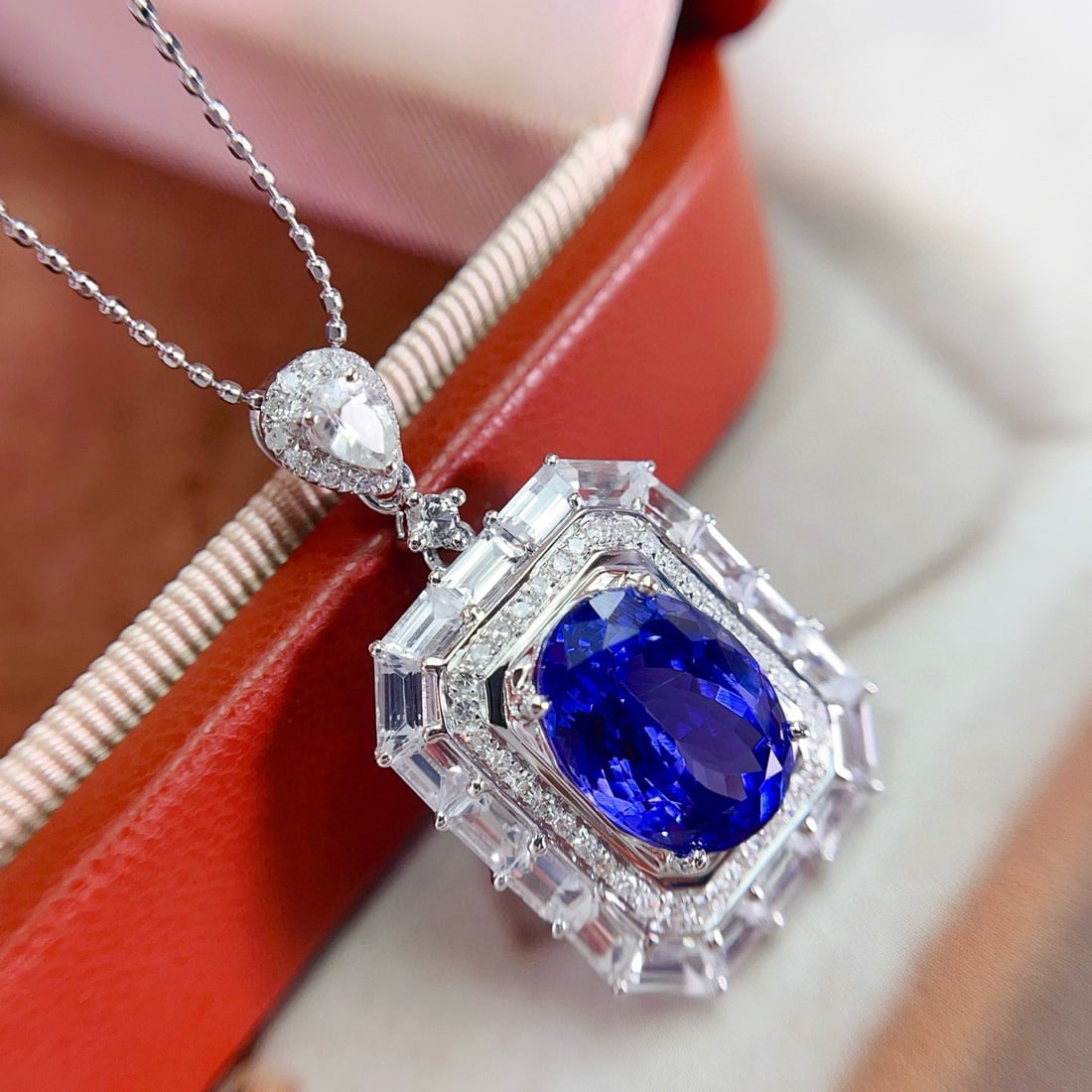 14k Gold 5.05 Ct Natural Tanzanite & Diamond & Sapphire Pendant( Without Chain ) - 3
