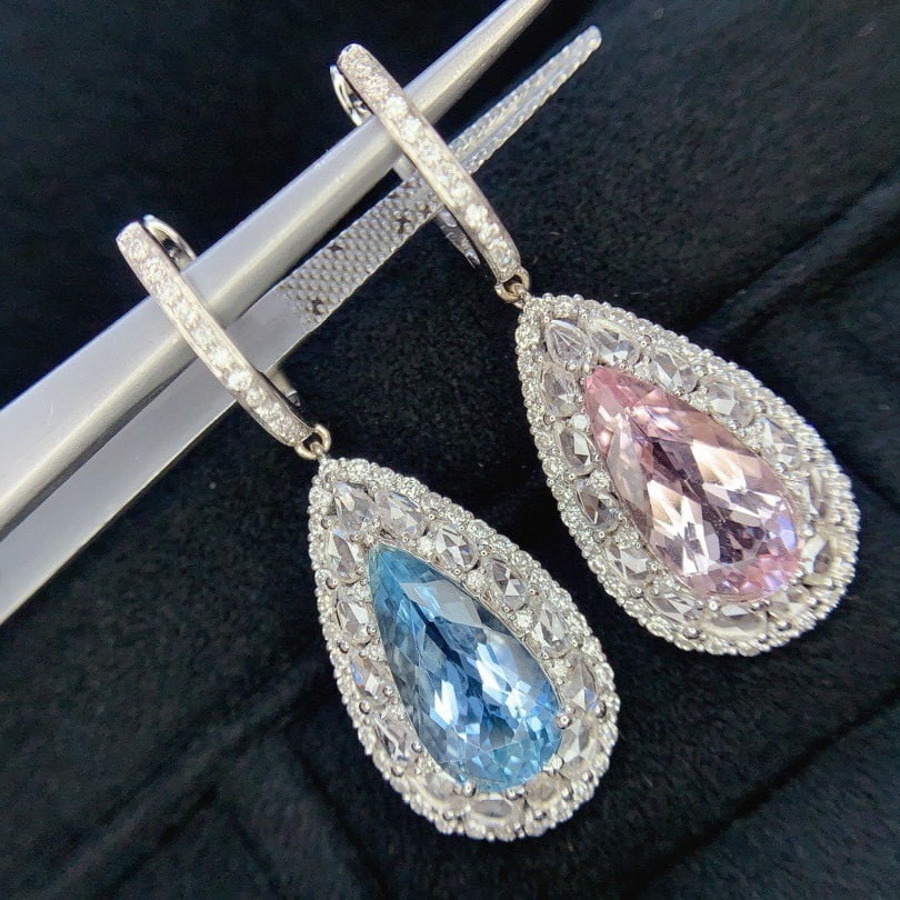 14k Gold 6.24 Ctw Natural Aquamarine & Morganite & Diamond Earrings - 2