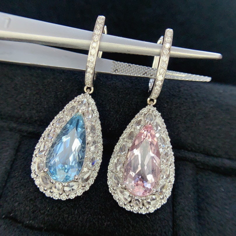 14k Gold 6.24 Ctw Natural Aquamarine & Morganite & Diamond Earrings - 3