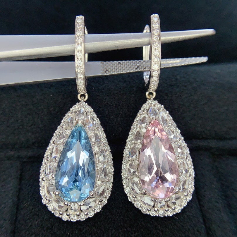 14k Gold 6.24 Ctw Natural Aquamarine & Morganite & Diamond Earrings - 4