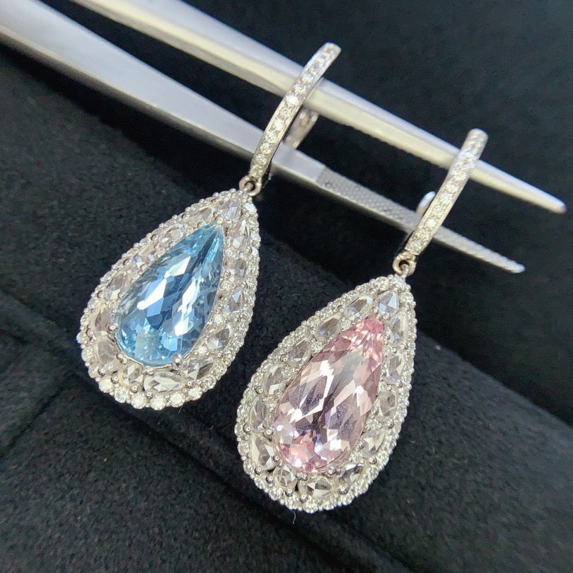 14k Gold 6.24 Ctw Natural Aquamarine & Morganite & Diamond Earrings - 6