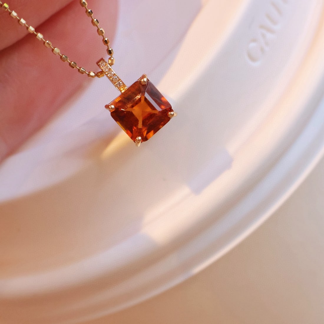 14k Gold 1.7 Ct Natural Spessartine & Diamond Pendant( Without Chain ): Ref:231068227 // gold content:14k gold // main gemstone:spessartine // shape:asscher // carat weight:1. 7ct // color:orange // treatment:natural // // adjacent gemstone 2 : diamond // shape:round