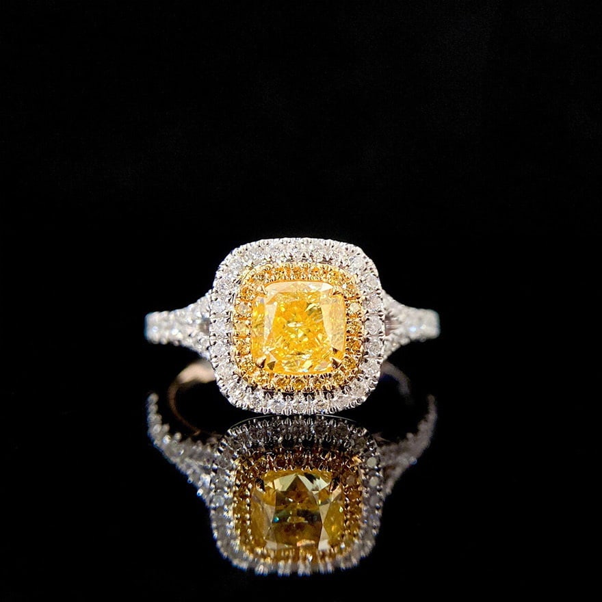 14k Gold 1.44 Ctw Natural Yellow Diamond & Diamond Ring: Ref:231068246 // gold content:14k gold // ring size:7. 25us // // main gemstone:yellow diamond // shape:cushion // carat weight:1ct // color:yellow // treatment:natural // // adjacent gemstone 2 : dia