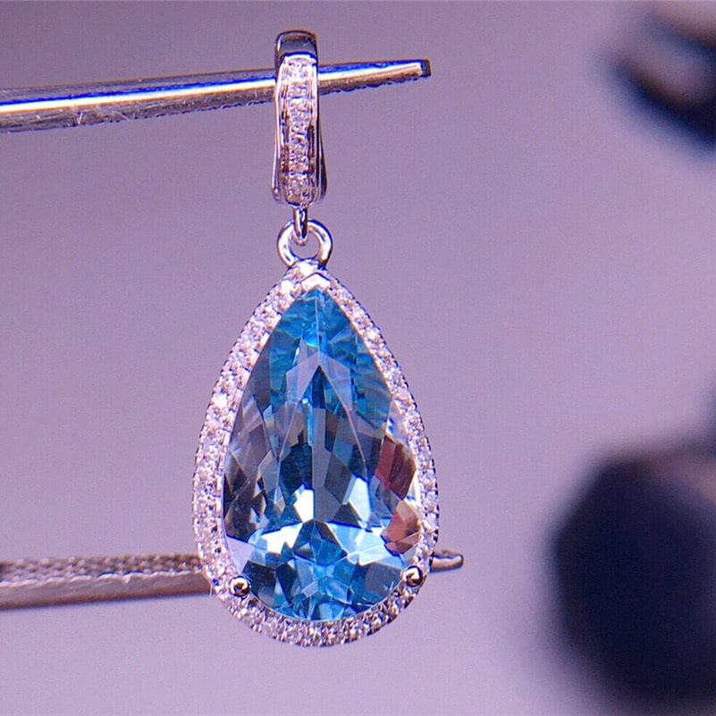 14k Gold 2.32 Ct Natural Aquamarine & Diamond Pendant( Without Chain ) - 6