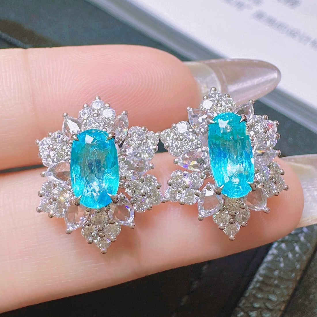 14k Gold 3.99 Ctw Natural Paraiba Tourmaline & Diamond Earrings - 2