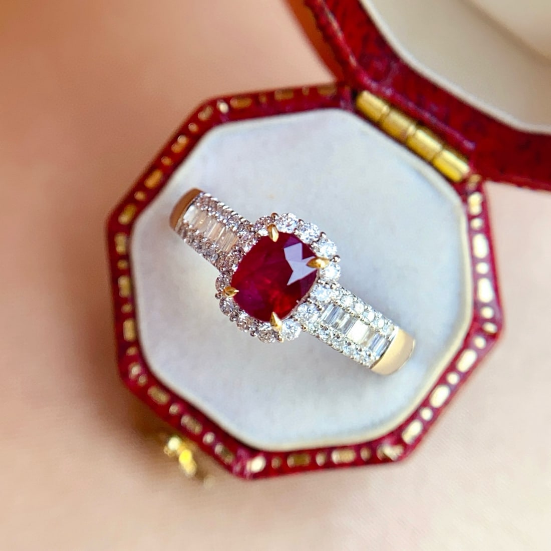 14k Gold 1.10 Ct Vivid Red Natural Ruby & Diamond Ring: Ref:231068434 // gold content:14k gold // ring size:7. 25us // // main gemstone:ruby // shape:cushion // carat weight:1. 10ct // color:vivid red // treatment:natural // // adjacent gemstone 2 : diamon