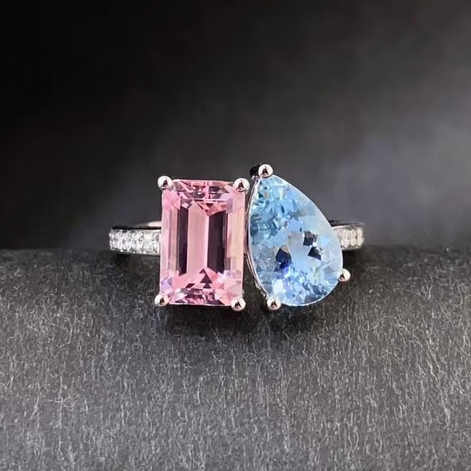 14k Gold 3.57 Ctw Natural Aquamarine & Morganite & Toi Et Moi Ring: Ref:230969015 // gold content:14k gold // ring size:7. 25us // // main gemstone:aquamarine // shape:pear // carat weight:1. 57ct // color:santa maria color // treatment:natural // // adjacent