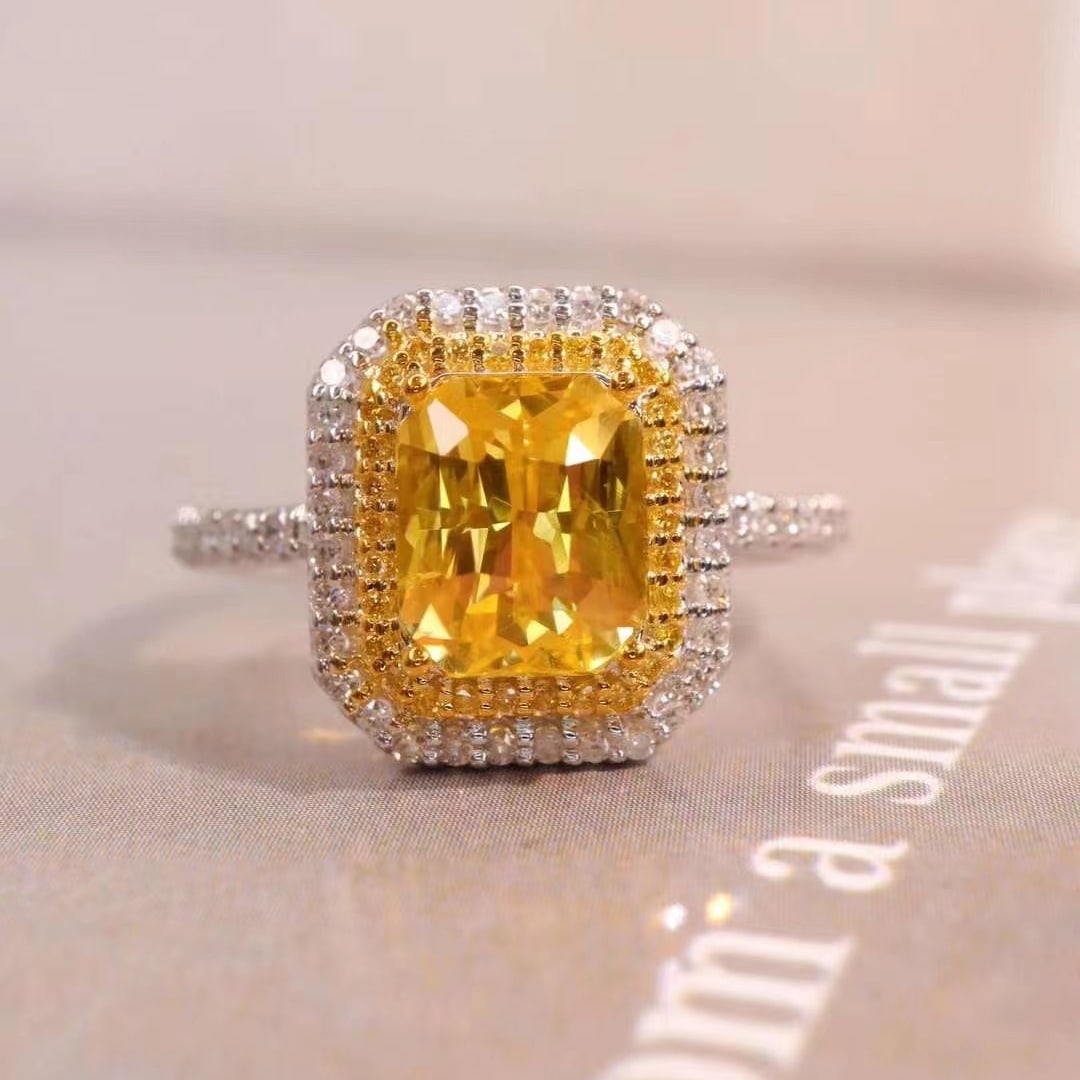 14k Gold 2.59 Ctw Natural Sapphire & Diamond Ring: Ref:230969040 // gold content:14k gold // ring size:7. 25us // // main gemstone:sapphire // shape:octagonal // carat weight:2. 3ct // color:yellow // treatment:natural // // adjacent gemstone 2 :