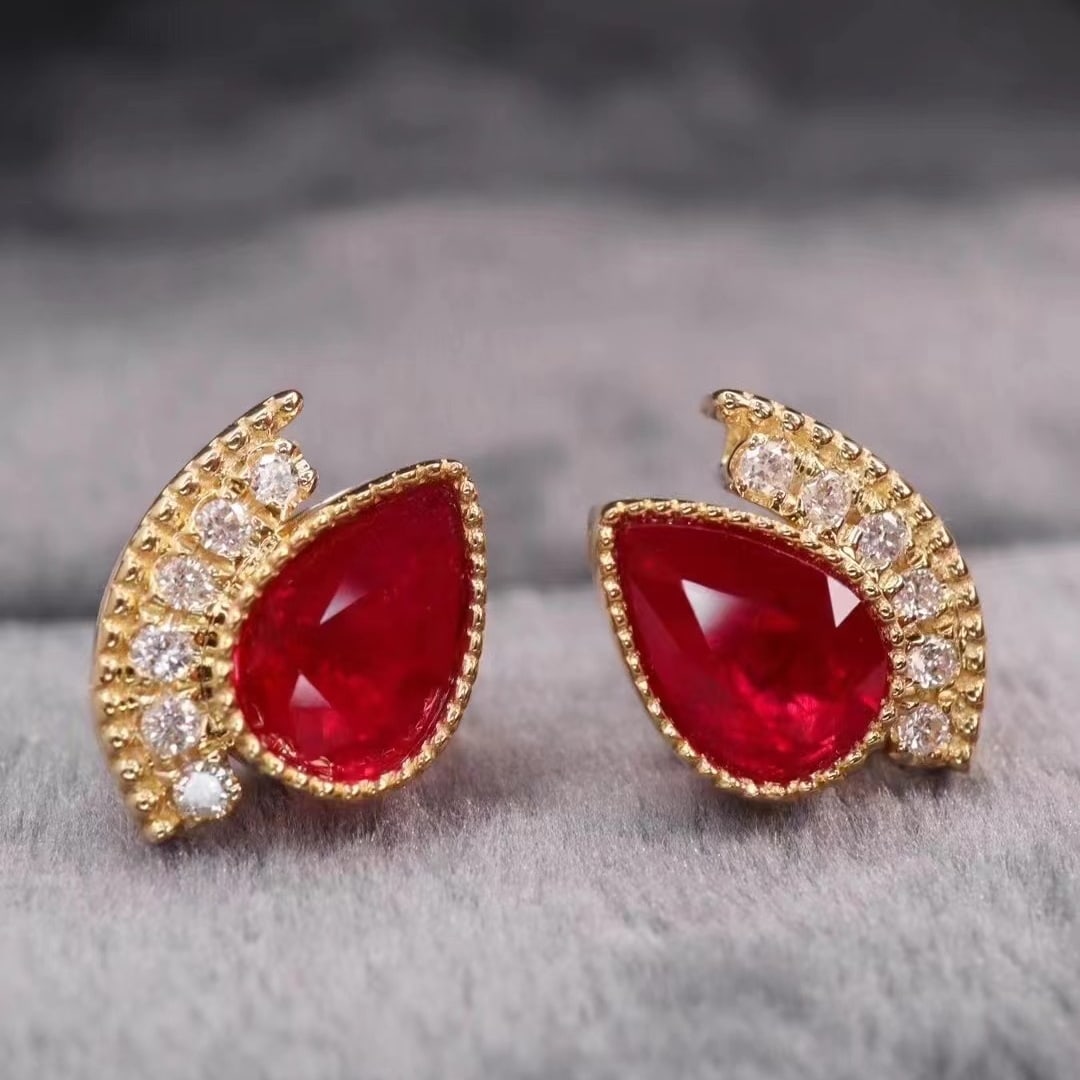 14k Gold 1.16 Ct Natural Ruby & Diamond Earrings - 3