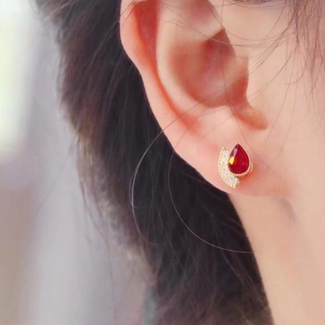 14k Gold 1.16 Ct Natural Ruby & Diamond Earrings - 5