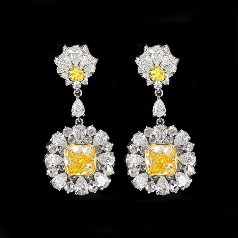14k Gold 4.68 Ctw Natural Yellow Diamond & Diamond Earrings: Ref:230969054 // gold content:14k gold // main gemstone:yellow diamond // shape:cushion // carat weight:2. 06ct // color:yellow // treatment:natural // // adjacent gemstone 2 : diamond //