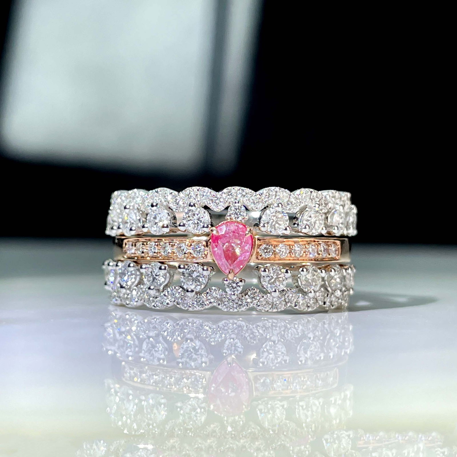 14k Gold 0.97 Ctw Natural Pink Diamond & Diamond Ring: Ref:230969061 // gold content:14k gold // ring size:7. 25us // // main gemstone:pink diamond // shape:pear // carat weight:0. 15ct // color:pink // treatment:natural // // adjacent gemstone 2 :