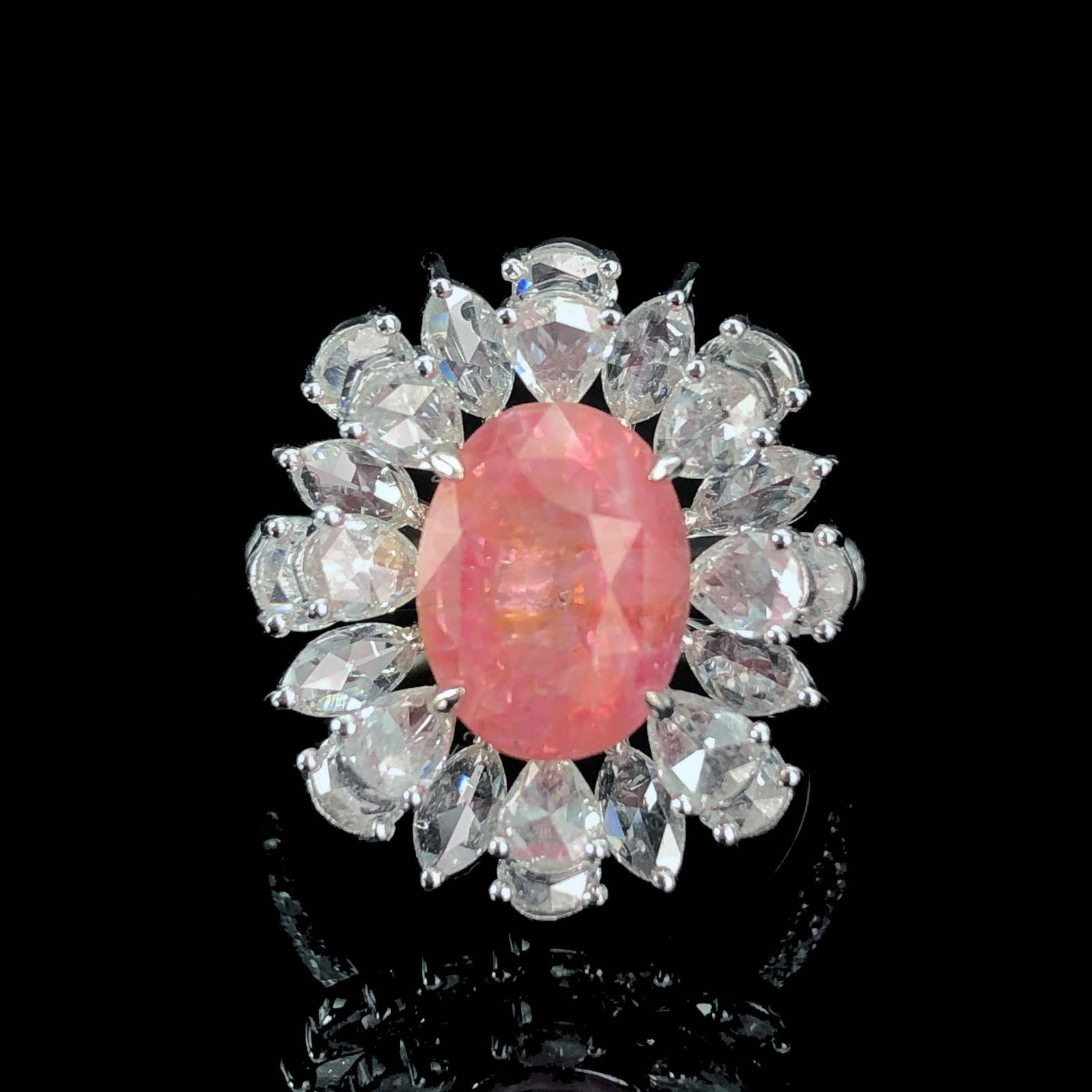 14k Gold 5.39 Ctw Natural Padparadscha Sapphire & Diamond Ring/pendant( Without Chain ): Ref:230969100 // gold content:14k gold // ring size:7. 25us // // main gemstone:padparadscha sapphire // shape:oval // carat weight:3. 62ct // color:pinkish orange // treatment:natural // //