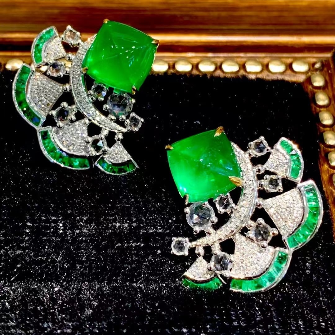 14k Gold 6 Ct Natural Emerald & Diamond & Sapphire & Emerald Earrings - 7