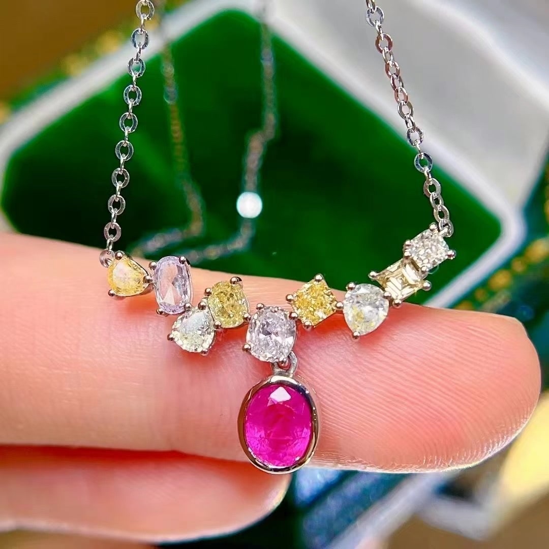 14k Gold 1.68 Ctw Natural Ruby & Diamond Necklace: Ref:230969119 // gold content:14k gold // main gemstone:ruby // shape:oval // carat weight:0. 68ct // color:red // treatment:natural // // adjacent gemstone 2 : diamond // shape:multiply // carat