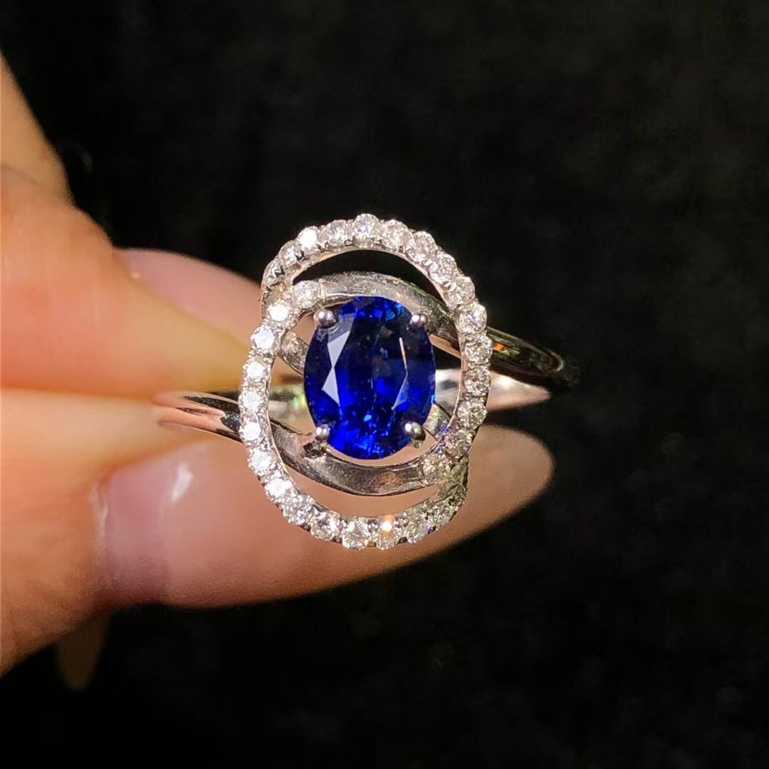 14k Gold 1.49 Ctw Vivid Blue Natural Sapphire & Diamond Ring: Ref:230969121 // gold content:14k gold // ring size:7. 25us // // main gemstone:sapphire // shape:oval // carat weight:1. 25ct // color:vivid blue // treatment:natural // // adjacent gemstone 2 :