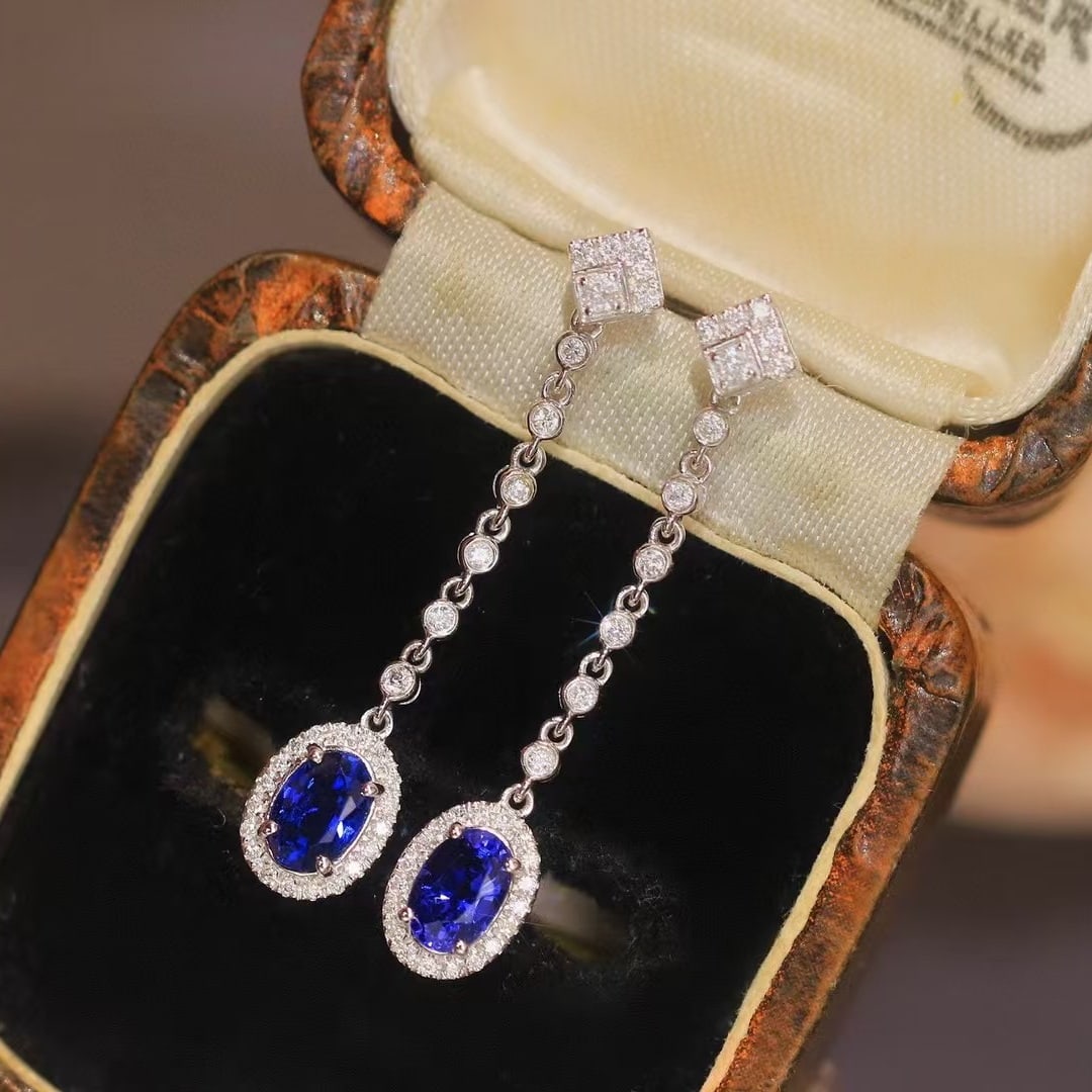 14k Gold 1.53 Ctw Natural Sapphire & Diamond Earrings - 3
