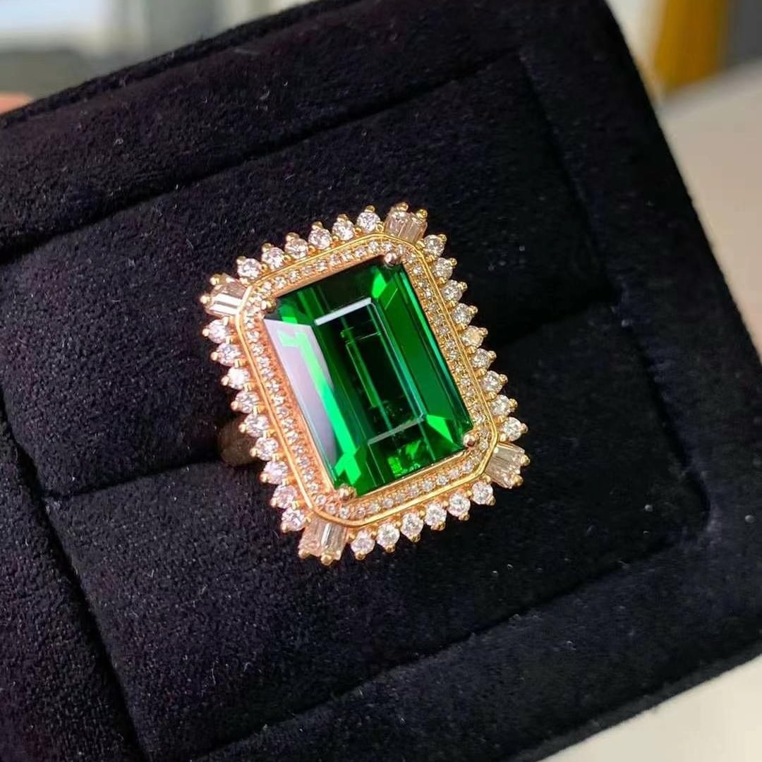 14k Gold 7.01 Ct Natural Tourmaline & Diamond Ring/pendant( Without Chain ): Ref:230969132 // gold content:14k gold // ring size:7. 25us // // main gemstone:tourmaline // shape:octagonal // carat weight:7. 01ct // color:green // treatment:natural // // adjacent gemstone 2