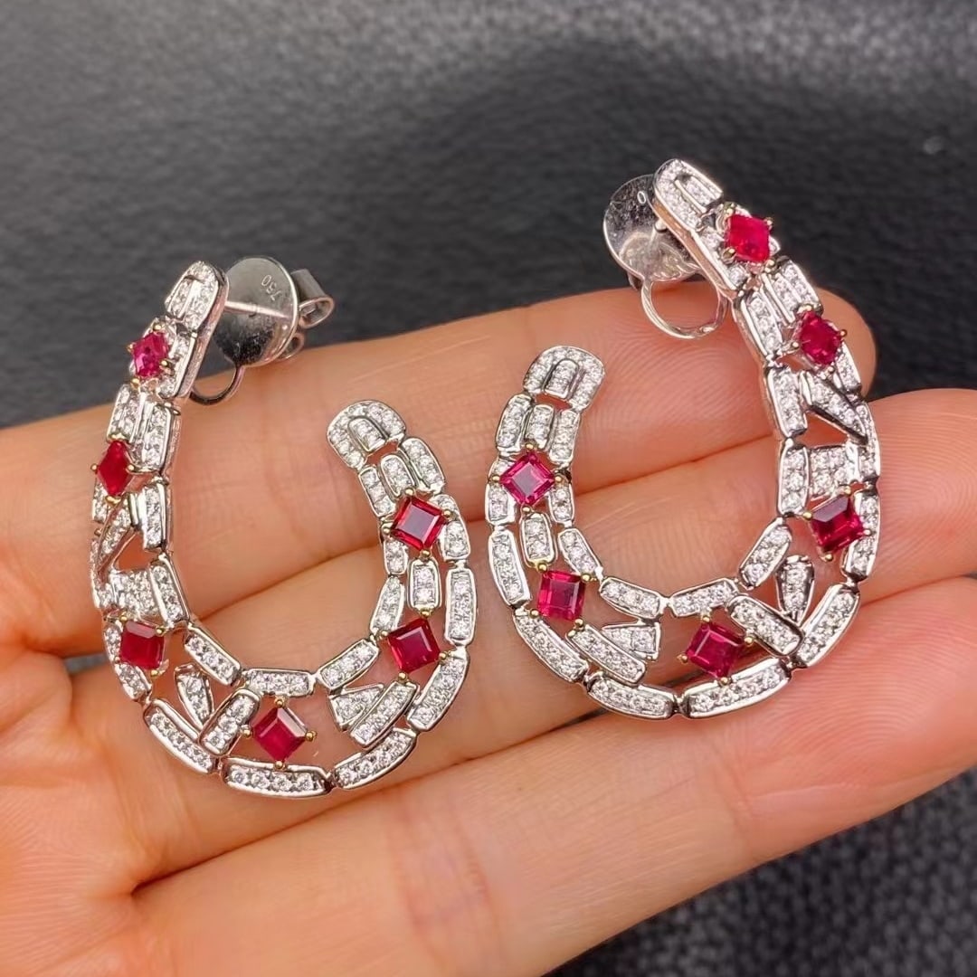 14k Gold 3.95 Ctw Natural Ruby & Diamond Earrings: Ref:230969156 // gold content:14k gold // main gemstone:ruby // shape:square // carat weight:2. 92ct // color:pigeonblood red // treatment:natural // // adjacent gemstone 2 : diamond // shape:round //