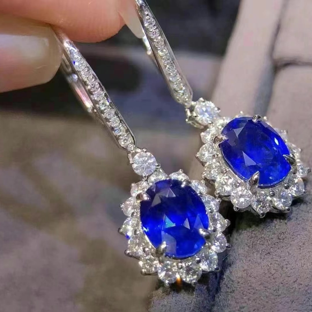 14k Gold 4.21 Ctw Natural Sapphire & Diamond Earrings: Ref:230969159 // gold content:14k gold // main gemstone:sapphire // shape:oval // carat weight:3. 18ct // color:royal blue // treatment:natural // // adjacent gemstone 2 : diamond // shape:round // ca