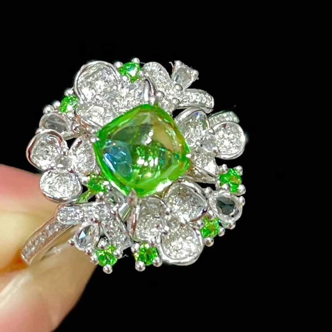 14k Gold 1 Ct Natural Tsavorite & Diamond Ring - 3