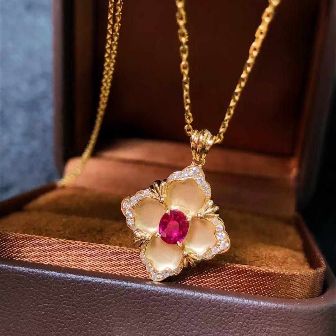 14k Gold 0.60 Ctw Natural Ruby & Diamond Pendant( Without Chain ): Ref:230969164 // gold content:14k gold // main gemstone:ruby // shape:oval // carat weight:0. 48ct // color:pigeonblood red // treatment:natural // // adjacent gemstone 2 : diamond // shape:round