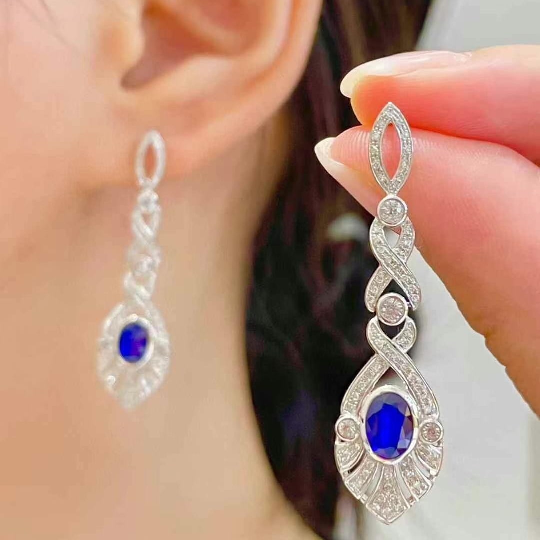 14k Gold 1.3 Ct Natural Sapphire & Diamond Earrings - 2