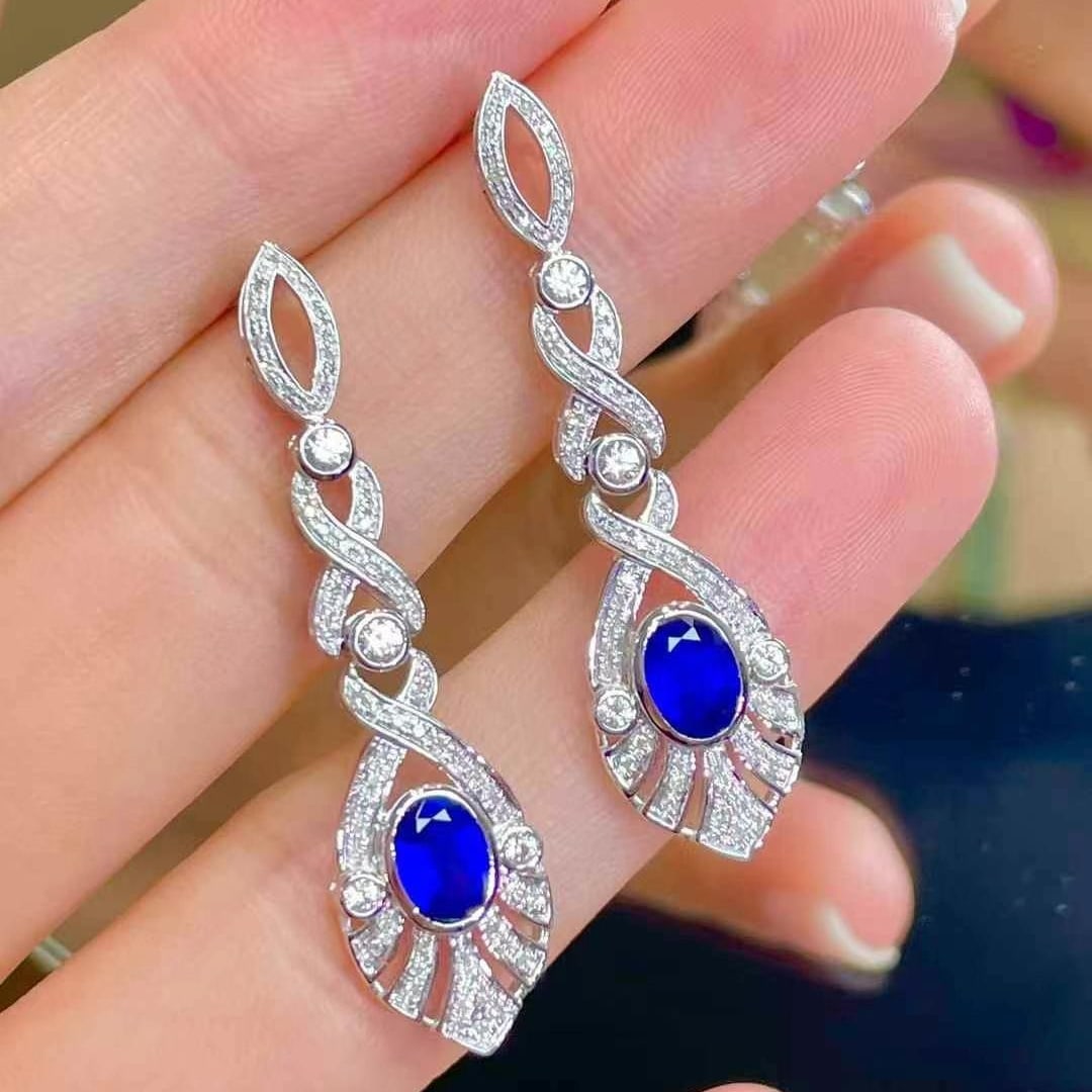 14k Gold 1.3 Ct Natural Sapphire & Diamond Earrings - 4