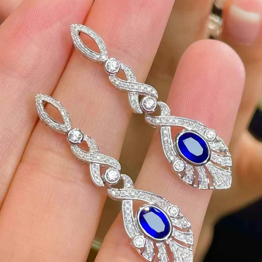 14k Gold 1.3 Ct Natural Sapphire & Diamond Earrings - 5