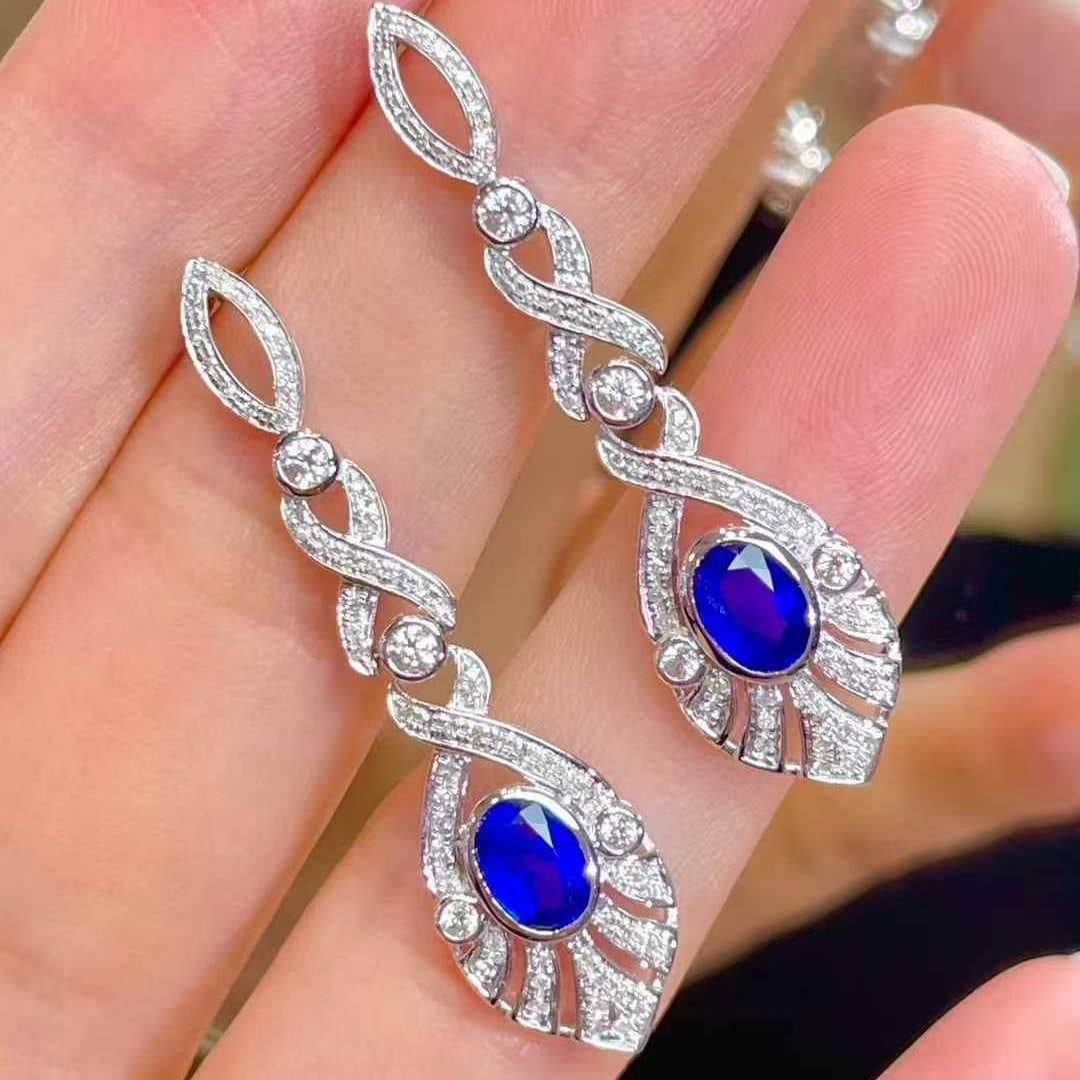 14k Gold 1.3 Ct Natural Sapphire & Diamond Earrings - 6