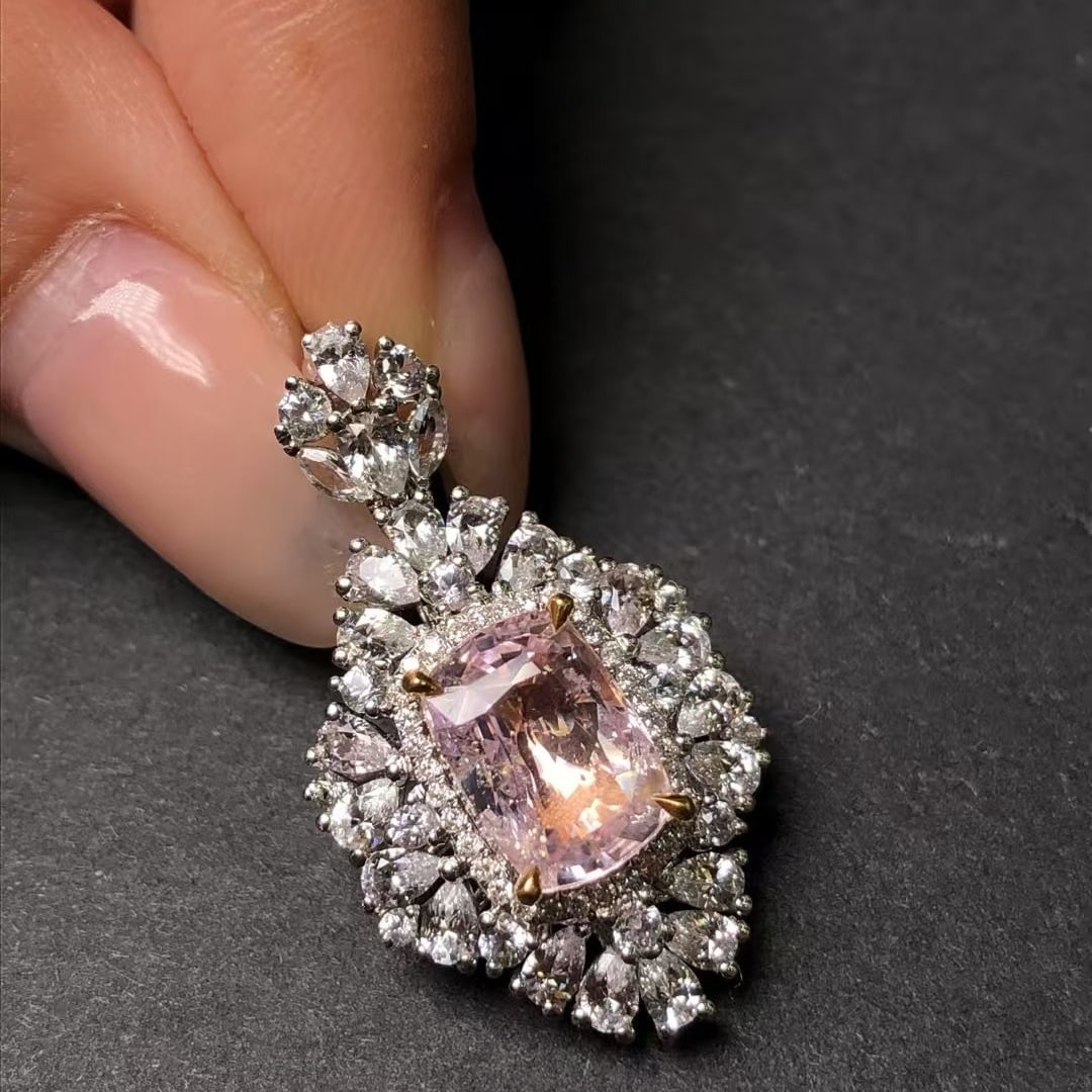 14k Gold 4.51 Ctw Natural Padparadscha Sapphire & Sapphire Pendant( Without Chain ): Ref:230969230 // gold content:14k gold // main gemstone:padparadscha sapphire // shape:cushion // carat weight:2. 79ct // color:orangish pink // treatment:natural // // adjacent gemstone 2 :