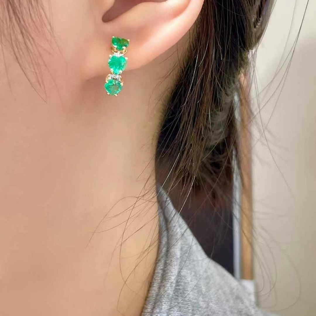 14k Gold 2 Ct Natural Emerald & Diamond Earrings - 3