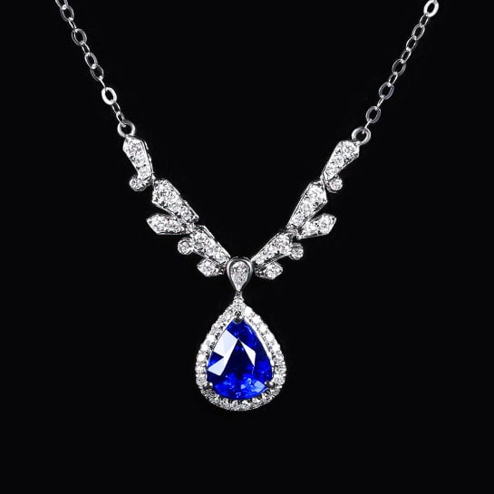 14k Gold 1.44 Ctw Natural Sapphire & Diamond Necklace: Ref:230970037 // gold content:14k gold // main gemstone:sapphire // shape:pear // carat weight:1. 18ct // color:royal blue // treatment:natural // // adjacent gemstone 2 : diamond // number of