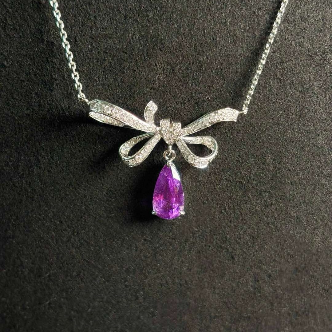 14k Gold 2.24 Ctw Natural Sapphire & Diamond Necklace: Ref:230970039 // gold content:14k gold // main gemstone:sapphire // shape:pear // carat weight:1. 86ct // color:purple // treatment:natural // // adjacent gemstone 2 : diamond // number of