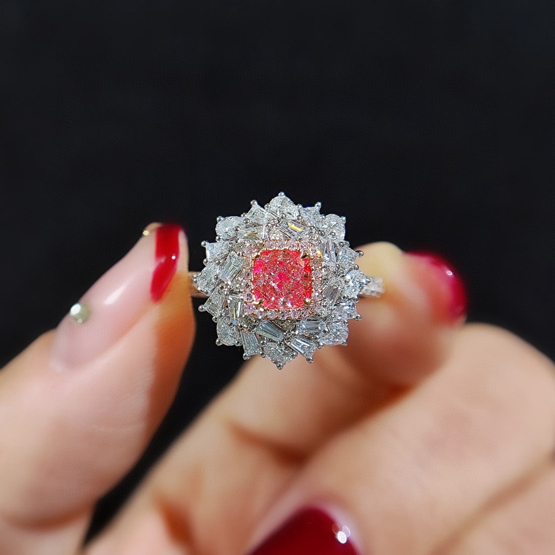 14k Gold 1.65 Ctw Natural Pink Diamond & Diamond Ring/pendant( Without Chain ): Ref:230970043 // gold content:14k gold // ring size:7. 25us // // main gemstone:pink diamond // shape:cushion // carat weight:0. 65ct // color:pink // treatment:natural // // adjacent gemstone 2 :