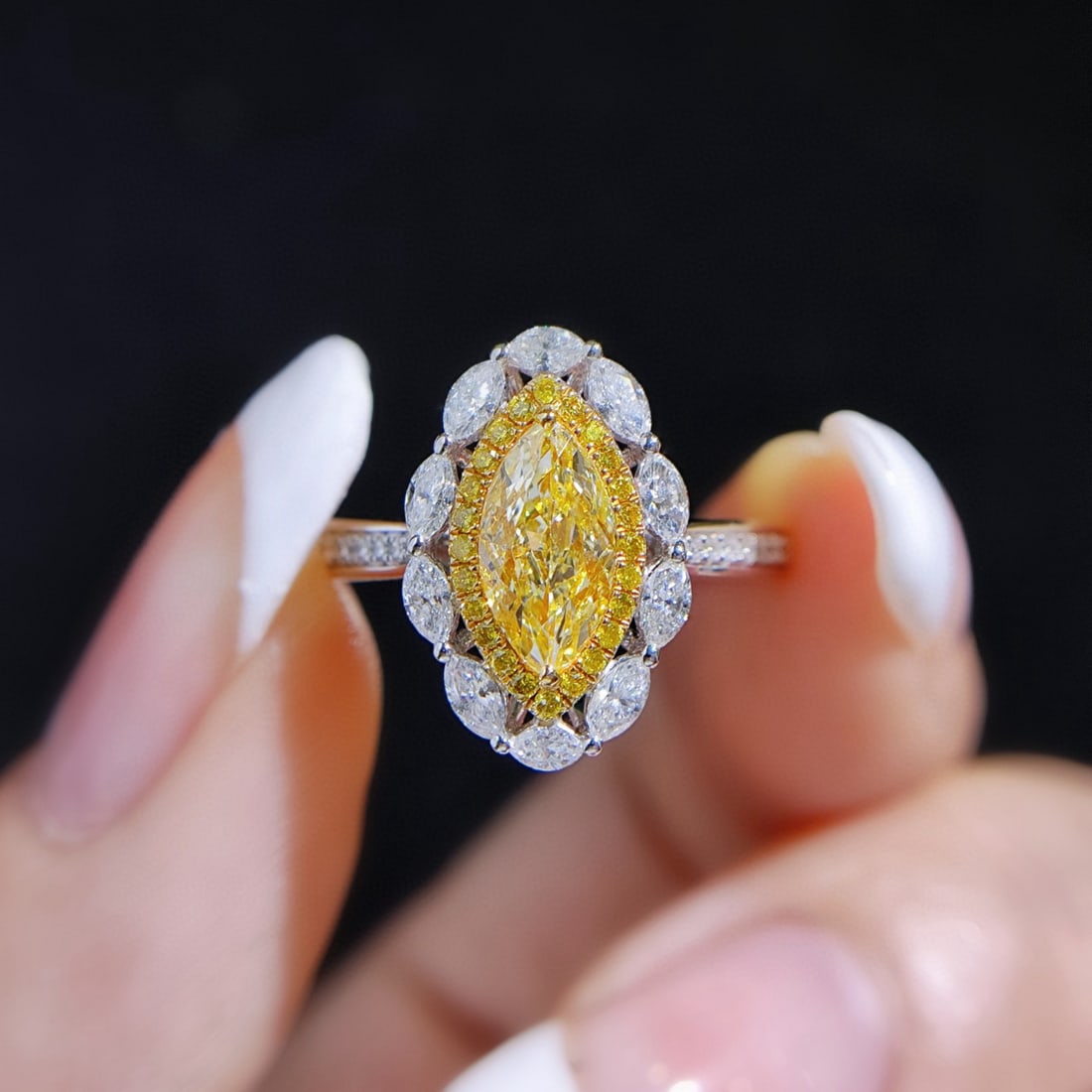 14k Gold 1.27 Ctw Natural Yellow Diamond & Diamond Ring: Ref:230970050 // gold content:14k gold // ring size:7. 25us // // main gemstone:yellow diamond // shape:marquise // carat weight:0. 76ct // color:yellow // treatment:natural // // adjacent