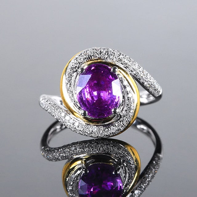 14k Gold 2.49 Ctw Natural Sapphire & Diamond Ring: Ref:230970055 // gold content:14k gold // ring size:7. 25us // // main gemstone:sapphire // shape:oval // carat weight:2. 12ct // color:purple // treatment:natural // // adjacent gemstone 2 :